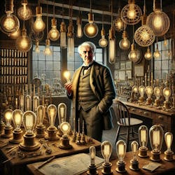 “Thomas Edison’s Lightbulb Quest” AI-generated image. “Thomas Edison’s Lightbulb Quest” AI-generated image.