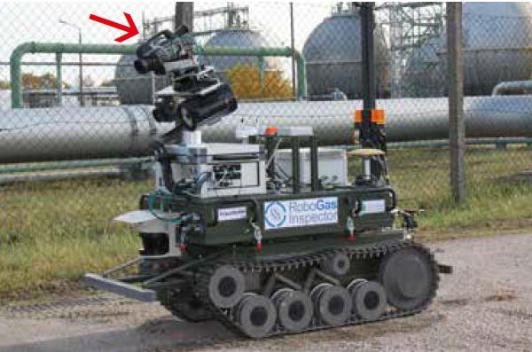 The RoboGasInspector consists of three modules: a chain-driven mobile platform, a navigation module and an inspection module. Note the FLIR GF320 on top of the unit.