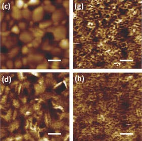 Height (c) and photothermal induced resonance (d) images show a sample area before annealing, and the same sample area after annealing for 60 min (g,h). Scale bars are 1 &mu;m. Data that the group gathered suggest that during curing, metal ion clusters are left on the OTP film surface. These ion clusters could act as charge traps, enabling the material's increased sensitivity.