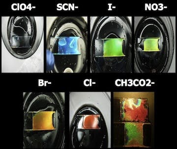 A photonic gel self-assembles from long polymer molecules. Polystyrene and poly(2-vinyl pyridine) are mixed in a solution that, when evaporated, allows the polymers to quickly form into nanosized layers. The layers can be tuned to reflect specific colors when exposed to particular chemicals.