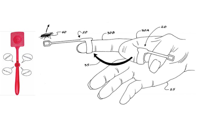 Product advertisement for the &ldquo;Talking Fly Swatter&rdquo; from Amazon.com, accessed on June 22, 2022 (left) and &ldquo;Finger Mounted Flyswatter&rdquo; from U.S. Patent No. 7,484,328, issued to John Richard Daugherty on February 3, 2009 (right).