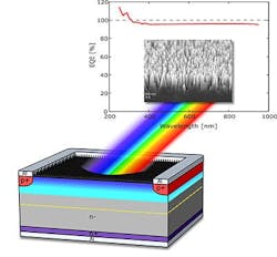A scanning electron micrograph (inset) shows the nanostructured surface and spectral performance of a novel photodetector. A scanning electron micrograph (inset) shows the nanostructured surface and spectral performance of a novel photodetector.