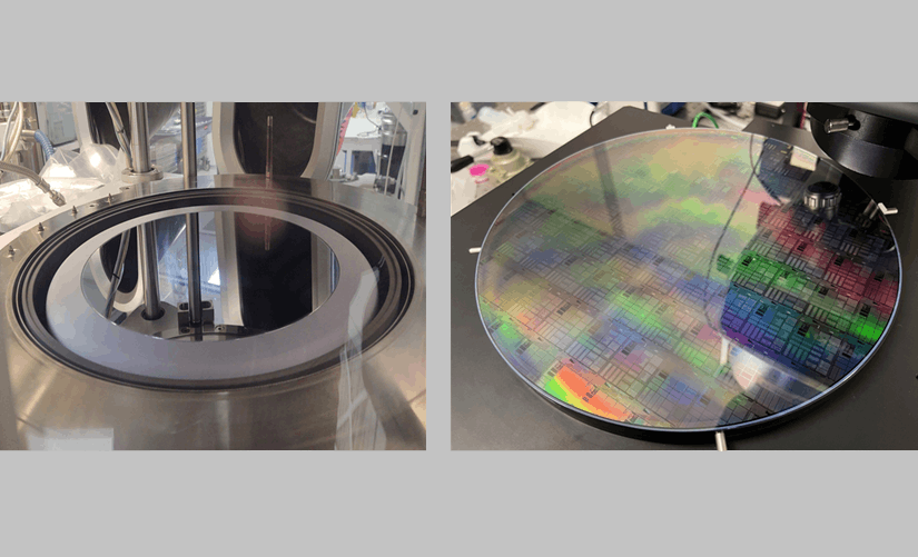 Aeluma&rsquo;s 300-mm III-V-on-silicon deposition (left) and selective-area heteroepitaxy on 300-mm silicon photonics (right).