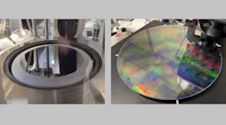 Aeluma’s 300-mm III-V-on-silicon deposition (left) and selective-area heteroepitaxy on 300-mm silicon photonics (right).