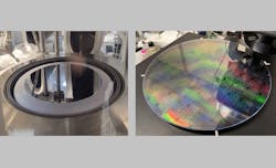 Aeluma’s 300-mm III-V-on-silicon deposition (left) and selective-area heteroepitaxy on 300-mm silicon photonics (right). Aeluma’s 300-mm III-V-on-silicon deposition (left) and selective-area heteroepitaxy on 300-mm silicon photonics (right).