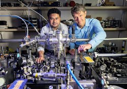 Shubhadeep Biswas, then-SLAC project scientist (left), and Matthias Kling, professor of photon science and applied physics at Stanford University and the director of the Science, Research and Development Division at SLAC's Linac Coherent Light Source (the laser isn’t on). Shubhadeep Biswas, then-SLAC project scientist (left), and Matthias Kling, professor of photon science and applied physics at Stanford University and the director of the Science, Research and Development Division at SLAC's Linac Coherent Light Source (the laser isn’t on).