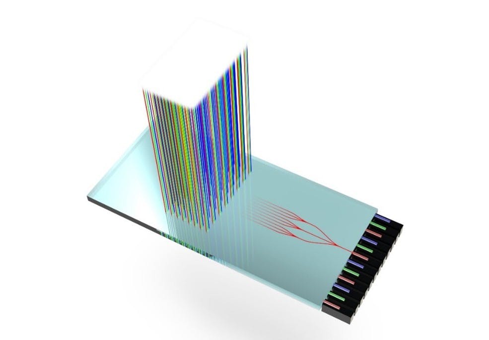 FIGURE 1. VitreaLab&rsquo;s quantum light chip (QLC) emits hundreds of laser beams.