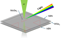 FIGURE 2. An illustration of our experimental setup: MoSe2 nanodots, represented by red triangles, are embedded in WSe2 matrix and encapsulated by hexagonal boron nitride (hBN) on top and bottom. An electron beam, shown in green, in a TEM is aimed at the heterostructure. The emitted light is collected by a detector. FIGURE 2. An illustration of our experimental setup: MoSe2 nanodots, represented by red triangles, are embedded in WSe2 matrix and encapsulated by hexagonal boron nitride (hBN) on top and bottom. An electron beam, shown in green, in a TEM is aimed at the heterostructure. The emitted light is collected by a detector.