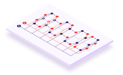 FIGURE 2. This schematic shows the proposed architecture addressing the wiring problem. Black and gray springs represent ZZ coupling between superconducting qubits. Purple and red squares represent two types of qubits, while purple and red lines represent the classical sources separately driving the qubits. FIGURE 2. This schematic shows the proposed architecture addressing the wiring problem. Black and gray springs represent ZZ coupling between superconducting qubits. Purple and red squares represent two types of qubits, while purple and red lines represent the classical sources separately driving the qubits.