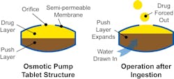 FIGURE 1. The osmotic pump tablet structure includes a drug layer and a push layer surrounded by a semi-permeable membrane. FIGURE 1. The osmotic pump tablet structure includes a drug layer and a push layer surrounded by a semi-permeable membrane.