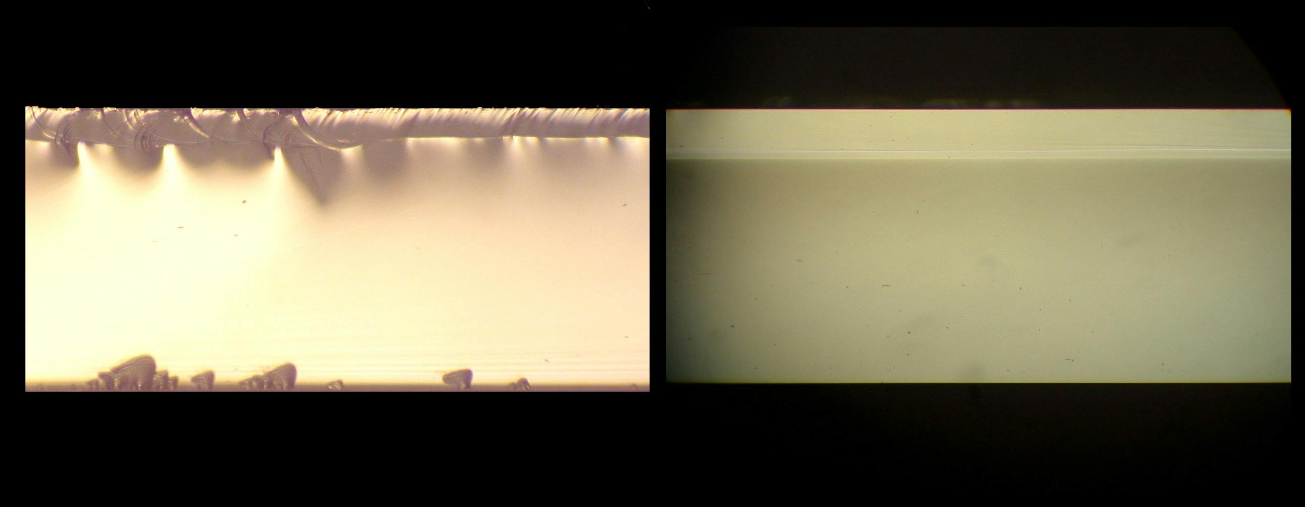FIGURE 1. Close-up photos of glass sheet edges cut by (left) mechanical means and (right) laser scribing.