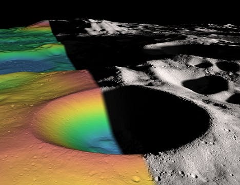 IMAGE: Elevation (left) and shaded relief (right) image of Shackleton, a 21 km diameter permanently shadowed crater adjacent to the lunar south pole. The structure of the crater's interior was revealed by a digital elevation model constructed from over 5 million elevation measurements from the Lunar Orbiter Laser Altimeter.
