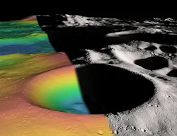 IMAGE: Elevation (left) and shaded relief (right) image of Shackleton, a 21 km diameter permanently shadowed crater adjacent to the lunar south pole. The structure of the crater's interior was revealed by a digital elevation model constructed from over 5 million elevation measurements from the Lunar Orbiter Laser Altimeter.