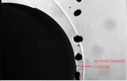 FIGURE 4. Shadowgraph image of hypervelocity projectile interacting with a stream of water droplets. FIGURE 4. Shadowgraph image of hypervelocity projectile interacting with a stream of water droplets.