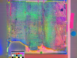 Using an approach that includes multispectral imaging, the team created a multispectral false color composite image to map pigments across all of the pages. Using an approach that includes multispectral imaging, the team created a multispectral false color composite image to map pigments across all of the pages.