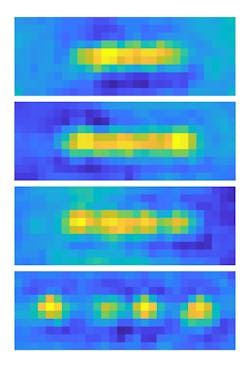 Absorption images (42 µm × 15 µm) of a 41K-87Rb quantum filament breaking up into four quantum droplets. These images are taken at evolution times of 5, 10, 15, and 22 ms (from top to bottom) within the waveguide. Credit: CNR-INO Quantum Mixtures Lab Absorption images (42 µm × 15 µm) of a 41K-87Rb quantum filament breaking up into four quantum droplets. These images are taken at evolution times of 5, 10, 15, and 22 ms (from top to bottom) within the waveguide. Credit: CNR-INO Quantum Mixtures Lab