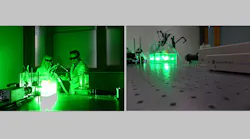 Dr. Utku Guelan and Dr. Caroline Smid performing in vitro measurements (left). The aquarium used for performing the measurements is placed on a Newport optical table. The Spectra-Physics Millennia laser is used to excite the tracer particles in the silicon replica inside the aquarium (right).