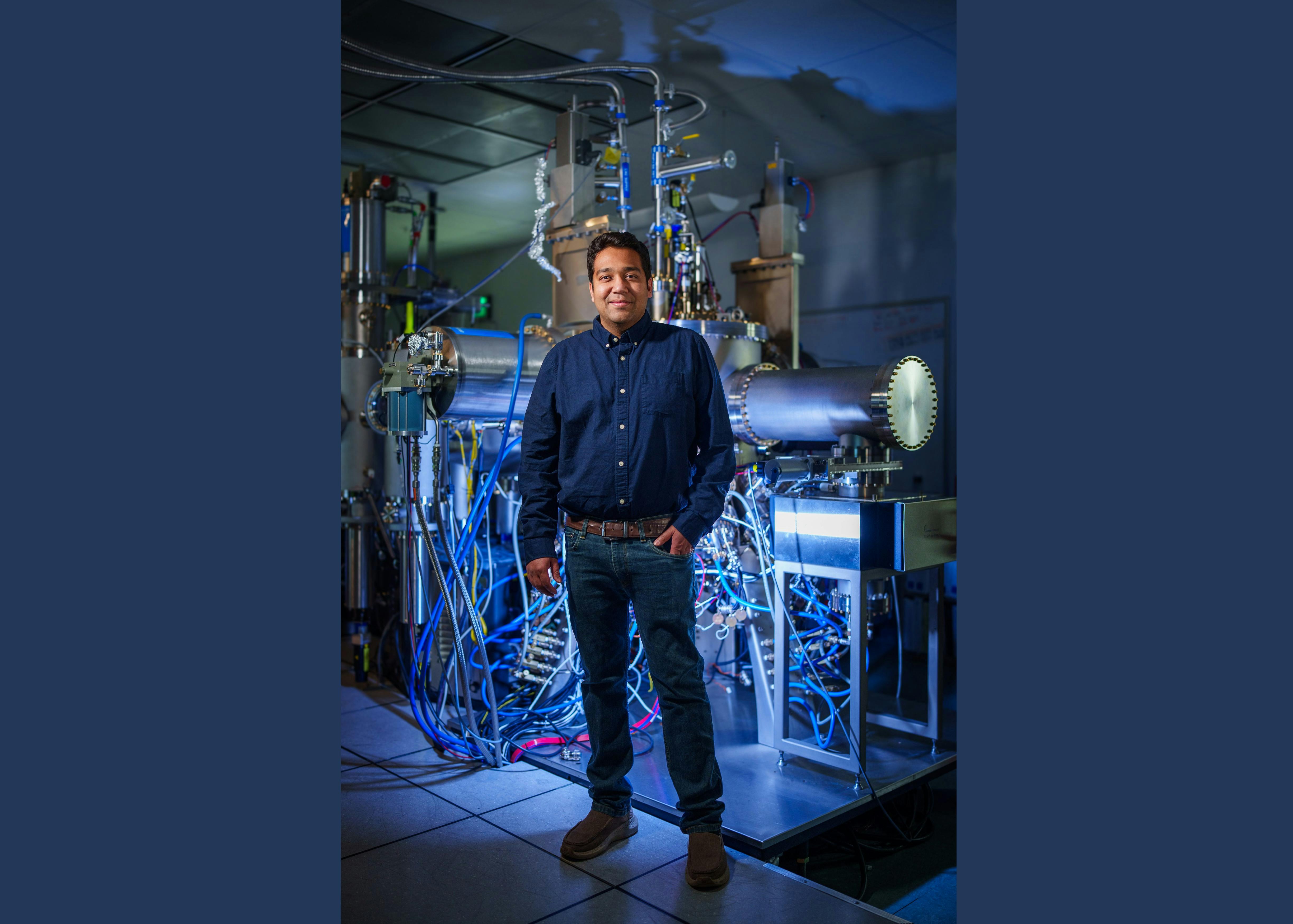 Sandia Physicist Raktim Sarma in the lab where they&rsquo;re exploring chilling chips via light. Credit: Craig Fritz/Sandia