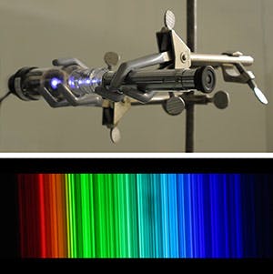 A thorium emission lamp&rsquo;s violet glow, when viewed through a spectroscope (metal tube on right in top image), is split into a spectrum of thousands of bright lines (bottom image). New measurements of these lines could help astronomers search for earthlike planets around distant stars.