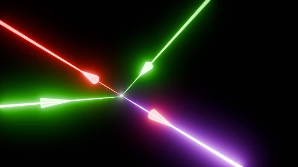 Photon-photon scattering effects within the lab: When two green petawatt lasers&rsquo; beams collide at the focus of a third red beam to polarize the quantum vacuum, it enables a fourth blue laser beam to be generated&mdash;with a unique direction and color. Credit: Zixin &ldquo;Lily&rdquo; Zhang