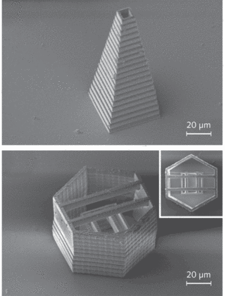 FIGURE 1. With the integration of CARS microscopy into the experimental setup, complex three-dimensional structures fabricated with TPP (shown in SEM images) can be characterized and inspected during the fabrication process.