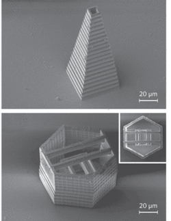 FIGURE 1. With the integration of CARS microscopy into the experimental setup, complex three-dimensional structures fabricated with TPP (shown in SEM images) can be characterized and inspected during the fabrication process. FIGURE 1. With the integration of CARS microscopy into the experimental setup, complex three-dimensional structures fabricated with TPP (shown in SEM images) can be characterized and inspected during the fabrication process.