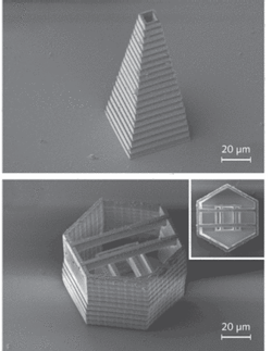 FIGURE 1. With the integration of CARS microscopy into the experimental setup, complex three-dimensional structures fabricated with TPP (shown in SEM images) can be characterized and inspected during the fabrication process. FIGURE 1. With the integration of CARS microscopy into the experimental setup, complex three-dimensional structures fabricated with TPP (shown in SEM images) can be characterized and inspected during the fabrication process.