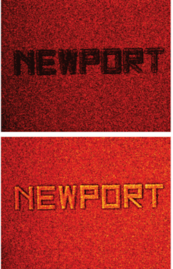 FIGURE 2. CARS images recorded at 1620 cm-1 (top) and 1655 cm-1 (bottom) show that relative strength between signals from the unpolymerized resin (background) and the letters can be inverted by tuning the lasers in and out of resonance. The size of each letter is 20 × 25 µm. FIGURE 2. CARS images recorded at 1620 cm-1 (top) and 1655 cm-1 (bottom) show that relative strength between signals from the unpolymerized resin (background) and the letters can be inverted by tuning the lasers in and out of resonance. The size of each letter is 20 × 25 µm.