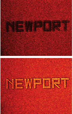 FIGURE 2. CARS images recorded at 1620 cm-1 (top) and 1655 cm-1 (bottom) show that relative strength between signals from the unpolymerized resin (background) and the letters can be inverted by tuning the lasers in and out of resonance. The size of each letter is 20 × 25 µm. FIGURE 2. CARS images recorded at 1620 cm-1 (top) and 1655 cm-1 (bottom) show that relative strength between signals from the unpolymerized resin (background) and the letters can be inverted by tuning the lasers in and out of resonance. The size of each letter is 20 × 25 µm.