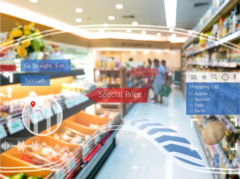 AR glasses enable seamless shopping experiences by automatically recognizing selected items and completing payments&mdash;no cash register required. Personalized recommendations and targeted advertisements are displayed in real time for each customer.