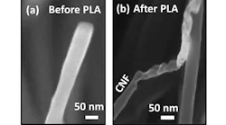 High-resolution scanning electron microscopy images show (a) a carbon nanofiber (CNF) before pulsed laser annealing (PLA) and (b) a CNF after PLA revealing the conversion of carbon nanofibers into diamond nanofibers.