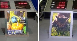An OLED/reflective LCD has two modes: OLED for indoors (left) and reflective LCD for outdoors (right). An OLED/reflective LCD has two modes: OLED for indoors (left) and reflective LCD for outdoors (right).