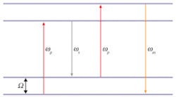 FIGURE 1. In the CARS scheme, pump pulses (ωp) and Stokes pulses (ωs) result in a measured signal frequency of ωas. FIGURE 1. In the CARS scheme, pump pulses (ωp) and Stokes pulses (ωs) result in a measured signal frequency of ωas.