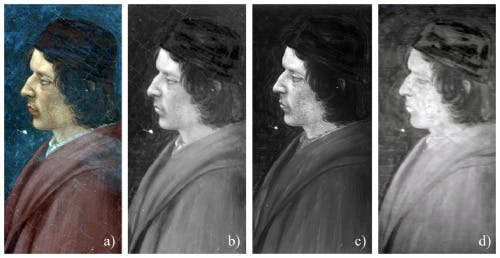 A fresco model, copied from Ghirlandaio, realized around 1930 by the restorer Benini. The images show color photography (a); CMOS Near-IR photography from 0.9 to 1.1 microns (b); IR scanner images at 1.82 microns (c); and a mid-IR TQR image&mdash;a mosaic of two views (d).