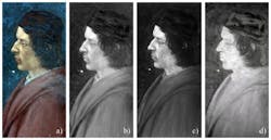 A fresco model, copied from Ghirlandaio, realized around 1930 by the restorer Benini. The images show color photography (a); CMOS Near-IR photography from 0.9 to 1.1 microns (b); IR scanner images at 1.82 microns (c); and a mid-IR TQR image—a mosaic of two views (d). A fresco model, copied from Ghirlandaio, realized around 1930 by the restorer Benini. The images show color photography (a); CMOS Near-IR photography from 0.9 to 1.1 microns (b); IR scanner images at 1.82 microns (c); and a mid-IR TQR image—a mosaic of two views (d).