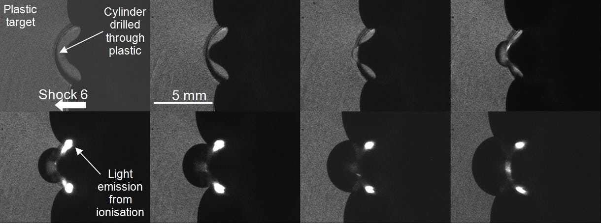 Eight frames are shown from a prototyping shot using the laser backlit SIMX16 camera. A 6 km/s projectile from a gas gun impacts on a plastic cube with a 5 mm drilled-out cylinder. The planar shock is seen to form a jet-like structure as it propagates across the cylinder. Upon hitting the rear surface a small volume of gas is compressed and ionized causing light to be emitted.