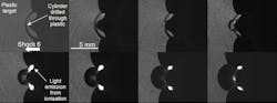 Eight frames are shown from a prototyping shot using the laser backlit SIMX16 camera. A 6 km/s projectile from a gas gun impacts on a plastic cube with a 5 mm drilled-out cylinder. The planar shock is seen to form a jet-like structure as it propagates across the cylinder. Upon hitting the rear surface a small volume of gas is compressed and ionized causing light to be emitted. Eight frames are shown from a prototyping shot using the laser backlit SIMX16 camera. A 6 km/s projectile from a gas gun impacts on a plastic cube with a 5 mm drilled-out cylinder. The planar shock is seen to form a jet-like structure as it propagates across the cylinder. Upon hitting the rear surface a small volume of gas is compressed and ionized causing light to be emitted.