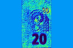 False color picture of the watermark of a €20 bank note, showing the amplitude of the transmitted terahertz electrical field signal with varying optical parameters of the material; the highest amplitude is shown in red, and the lowest in blue. The image was recorded by Menlo Systems’ TERA K15 THz-TDS system with TERA Image imaging extension unit and ImageLab processing software. False color picture of the watermark of a €20 bank note, showing the amplitude of the transmitted terahertz electrical field signal with varying optical parameters of the material; the highest amplitude is shown in red, and the lowest in blue. The image was recorded by Menlo Systems’ TERA K15 THz-TDS system with TERA Image imaging extension unit and ImageLab processing software.