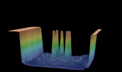 FIGURE 3. A sample array laser micromachined in Aerotech’s laser applications lab; the electrodes measure 50 µm at the tip and taper to 100 µm at the base, and are machined to a depth of 1.2 mm. FIGURE 3. A sample array laser micromachined in Aerotech’s laser applications lab; the electrodes measure 50 µm at the tip and taper to 100 µm at the base, and are machined to a depth of 1.2 mm.