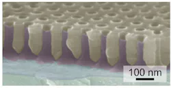 An angled view shows an aluminum oxide template (gray) with a regular array of 60 nm holes filled with an organic semiconductor (purple). This nanoconfined semiconducting polymer produces twice the amount of electricity for a given amount of absorbed sunlight as compared to the same material spread as a thin film.