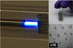 Going clockwise, microplasma dissociates ethanol vapor, carbon particles are collected and dispersed in solution, and electron microscope image reveals nanosized diamond particles. Going clockwise, microplasma dissociates ethanol vapor, carbon particles are collected and dispersed in solution, and electron microscope image reveals nanosized diamond particles.