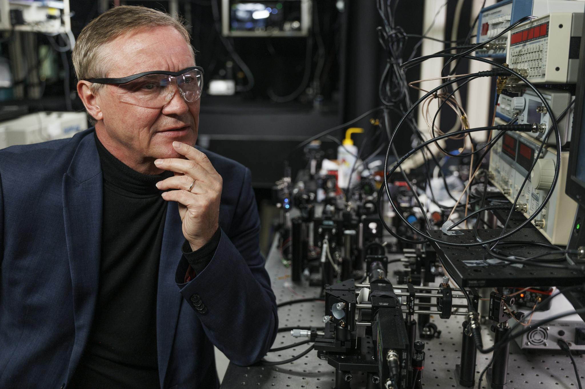 Professor Vladimir Shalaev with the team&rsquo;s optical setup. Credit: Purdue University/Kevin Crisp