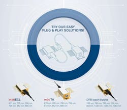 TOPTICA EAGLEYARD's miniECL fiber-coupled laser diode; also shown are the company's miniTA fiber-coupled laser diode and DFB laser diode. TOPTICA EAGLEYARD's miniECL fiber-coupled laser diode; also shown are the company's miniTA fiber-coupled laser diode and DFB laser diode.