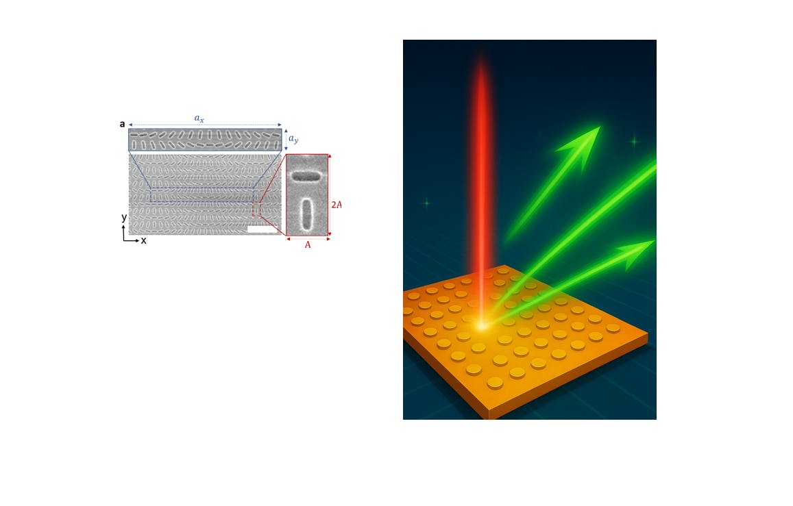 FIGURE 1. Schematic of the functionality of the team&rsquo;s metasurface (left), and a scanning electron microscope image of the device.