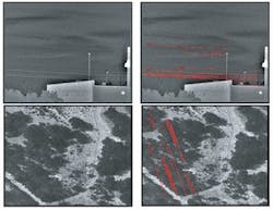 FIGURE 4. The original images in the passive obstacle-detection method are shown on the left side, with the output image on the right. In these examples, images (the wires) were detected and symbology was automatically overlaid onto the original image, indicative of the threats. FIGURE 4. The original images in the passive obstacle-detection method are shown on the left side, with the output image on the right. In these examples, images (the wires) were detected and symbology was automatically overlaid onto the original image, indicative of the threats.