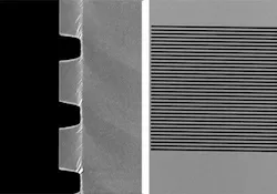 Gratings are fabricated with approximately 700 nm between ridges (left). Each has slightly different spacing and thickness, affecting reflectivity and mechanical performance. A single grating measuring 50 micrometers on a side (right).
