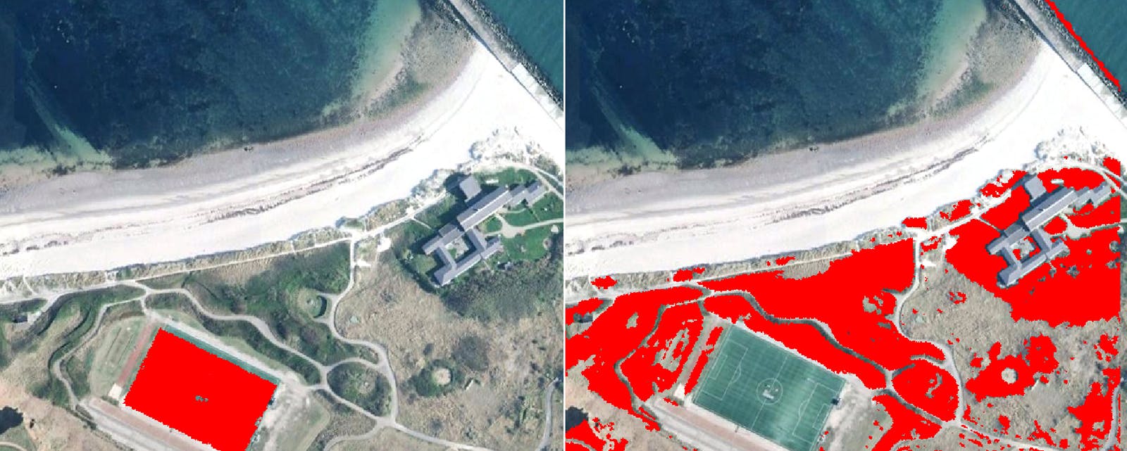 SpectralFinder software recognizes the color spectrum of surfaces in real time, distinguishing, for example, artificial turf (left) from real vegetation (right).