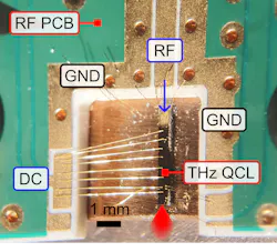 Optical microscope image of a mounted planarized THz QCL device, with a custom radio-frequency (RF) printed circuit board and bonding wires for low-loss delivery of RF modulation signals and to ensure a stable DC laser bias. Optical microscope image of a mounted planarized THz QCL device, with a custom radio-frequency (RF) printed circuit board and bonding wires for low-loss delivery of RF modulation signals and to ensure a stable DC laser bias.
