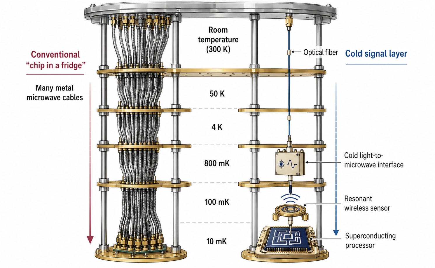 FIGURE 1. A superconducting quantum processor is not only a chip. It is a cold signal system that must move control, readout, timing, and diagnostic information through a tight refrigerator without adding too much heat or clutter.