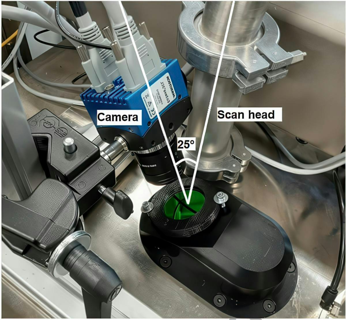 The camera is installed on top of the LPBF machine at an inclination angle of about 25&deg; with respect to the scan head (Click on image to download from dropbox, photo courtesy of KU Leuven)